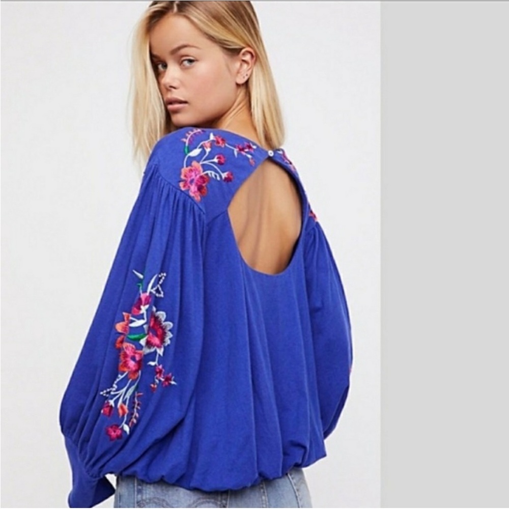 NWT S Blue Lita Embroidered Free People Puffed Long Sleeve Cutouts Crop Top